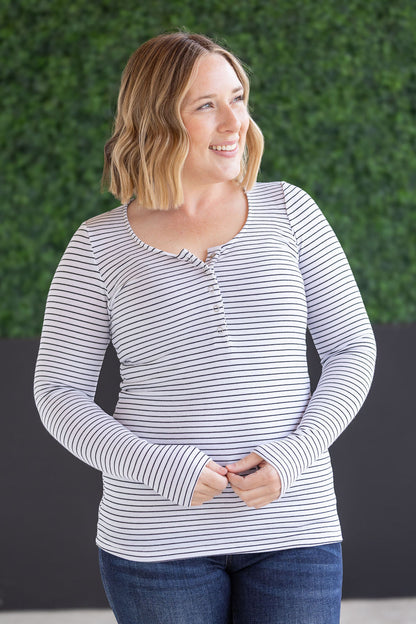 SOLD OUT Striped Henley Long Sleeve - White FINAL SALE