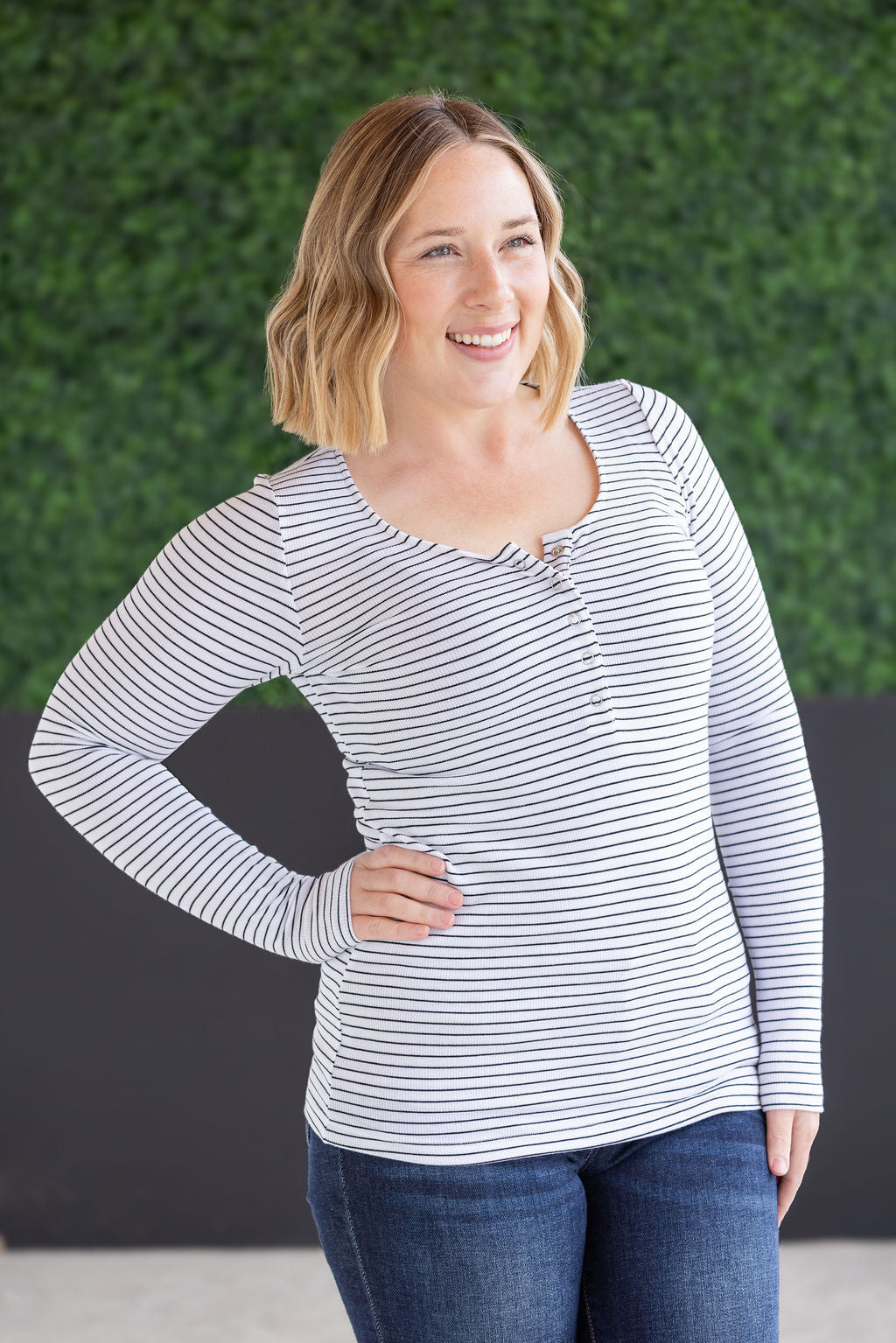 SOLD OUT Striped Henley Long Sleeve - White FINAL SALE