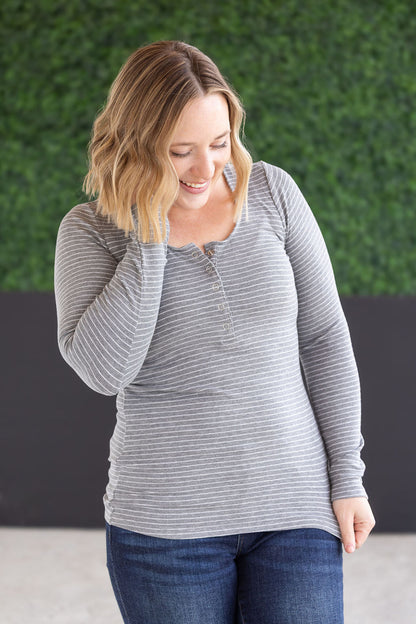 IN STOCK Striped Henley Long Sleeve - Charcoal FINAL SALE