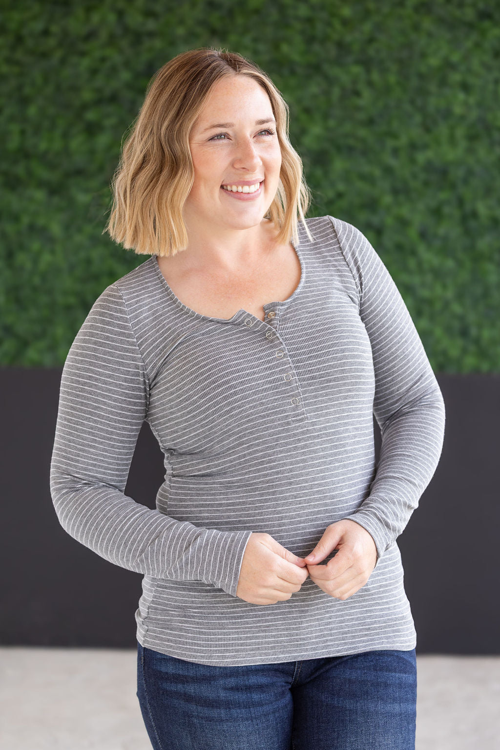 IN STOCK Striped Henley Long Sleeve - Charcoal FINAL SALE