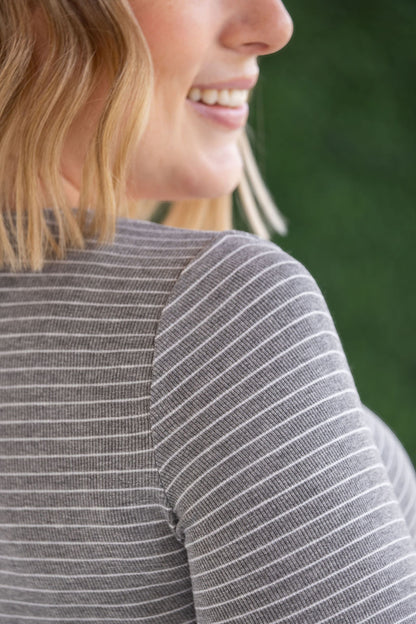 IN STOCK Striped Henley Long Sleeve - Charcoal FINAL SALE