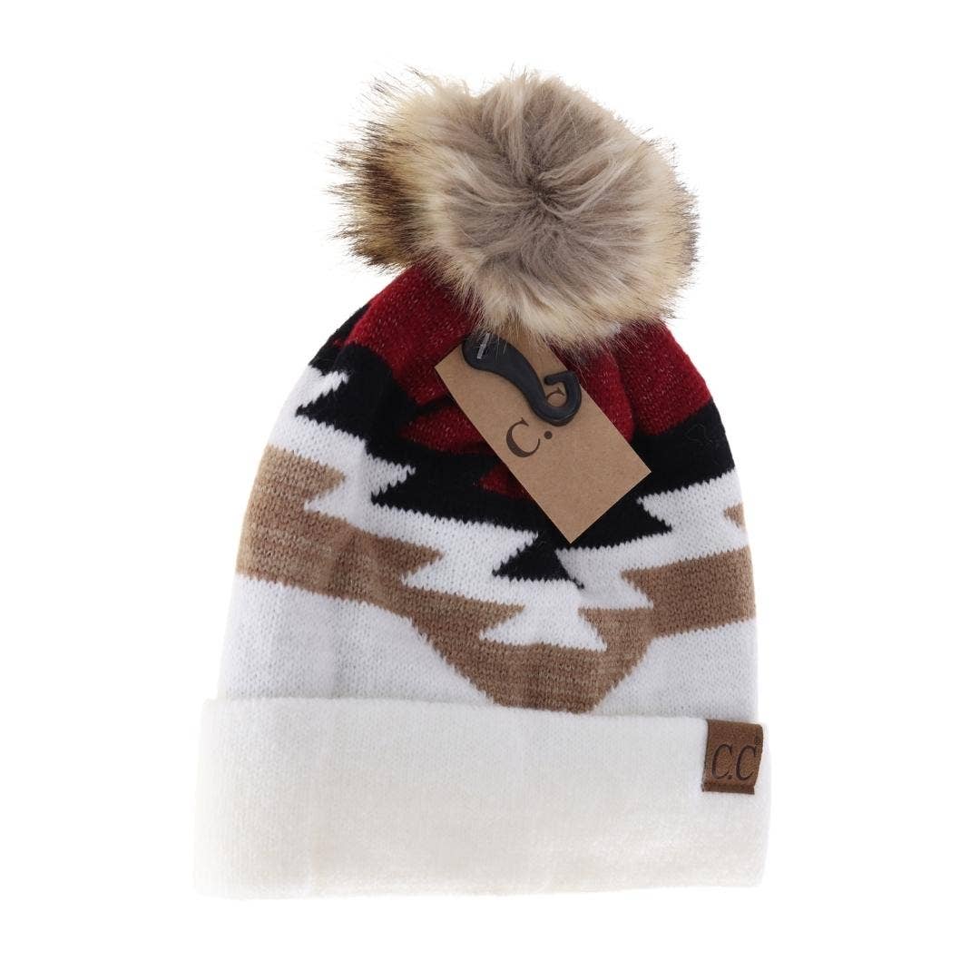 Aztec Natural Faux Fur Pom C.C Beanie YJ1000 - Holden Hearts