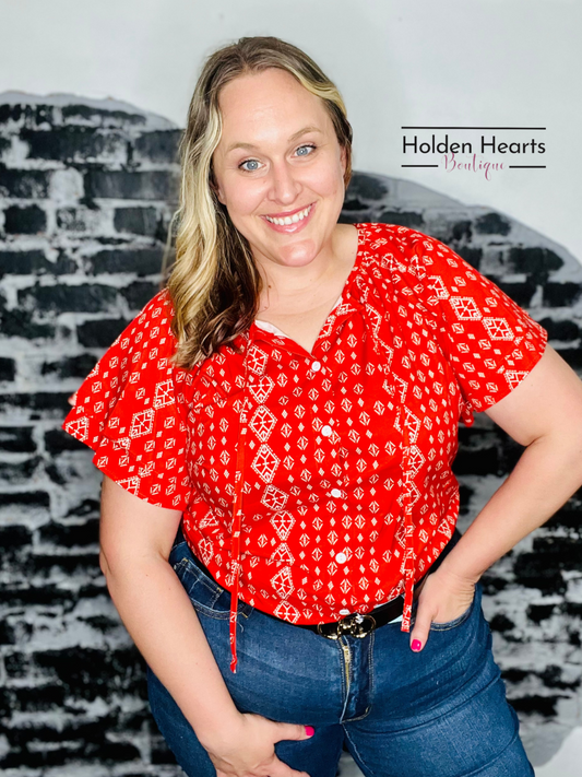 Red Aztec Flutter Sleeve Blouse - Holden Hearts