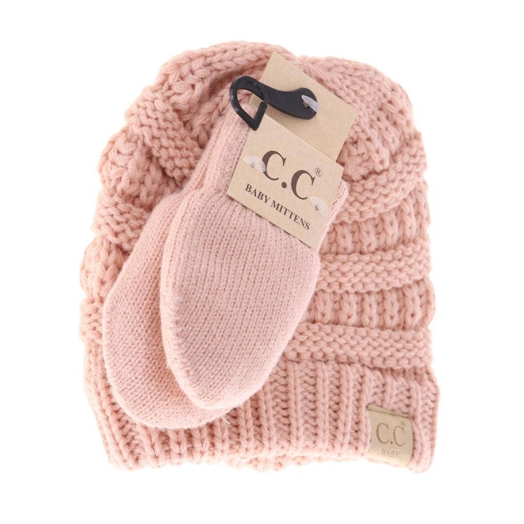 C.C BABY Solid Beanie with Mittens - Knit Hat  BabySet1