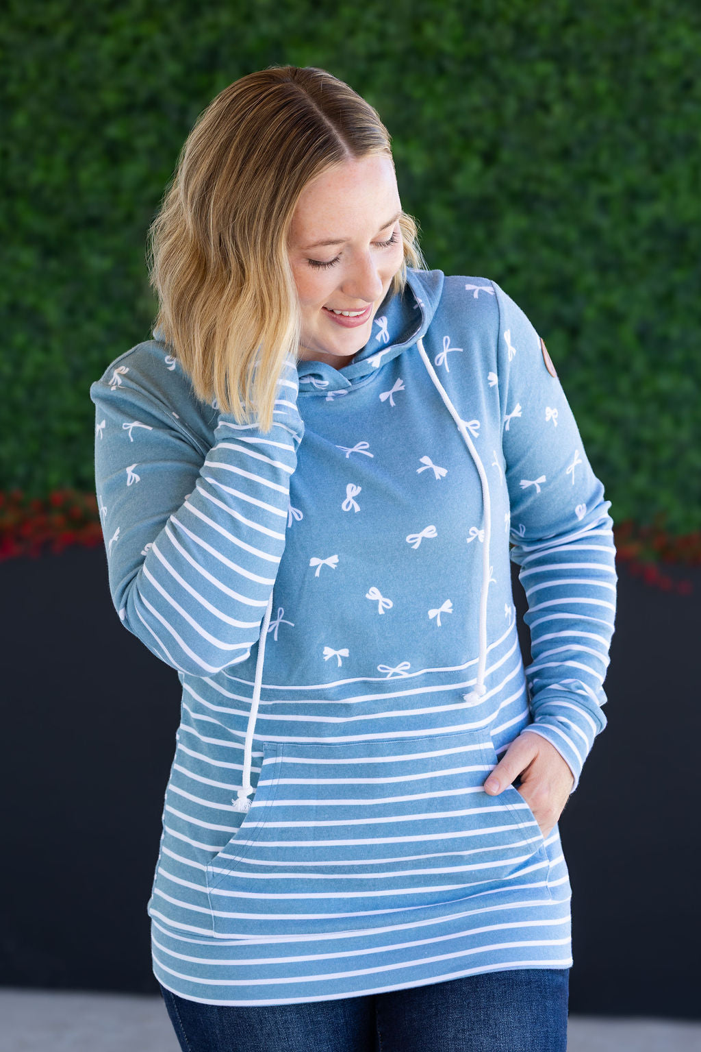 IN STOCK Hailey Pullover Hoodie - Teal Ribbons and Stripes FINAL SALE