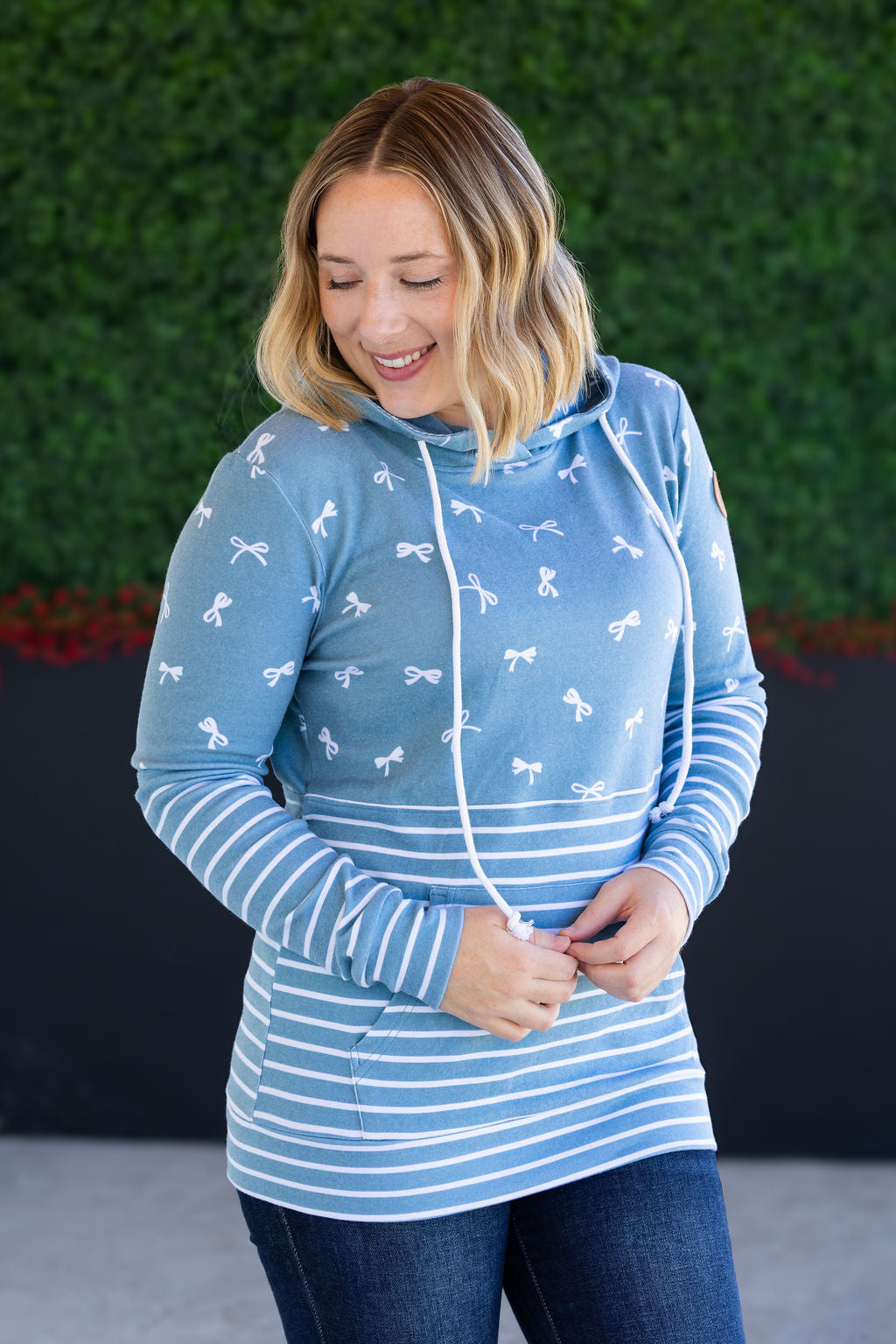 IN STOCK Hailey Pullover Hoodie - Teal Ribbons and Stripes FINAL SALE