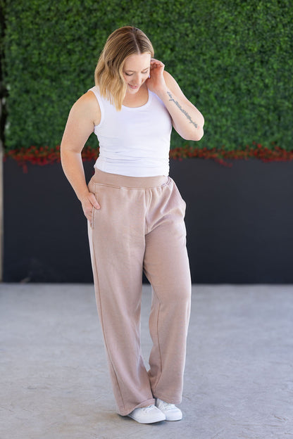 IN STOCK Wide Leg Vintage Wash Bottoms - Tan FINAL SALE