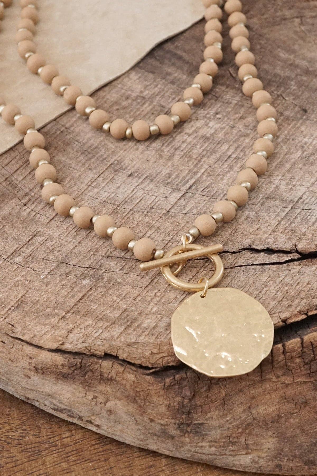 Multi Strand Wooden Beads Short Coin Necklace in Neutral and - Holden Hearts