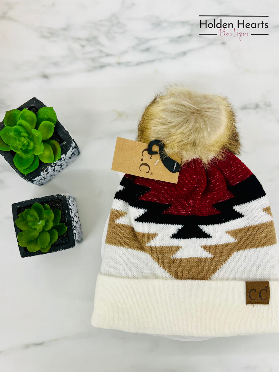 Aztec Natural Faux Fur Pom C.C Beanie YJ1000 - Holden Hearts