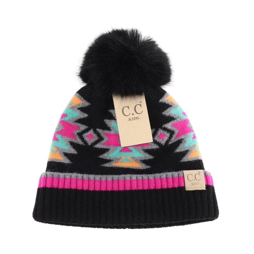 Kids' Southwestern C.C Beanie with Faux Fur Pom - Holden Hearts