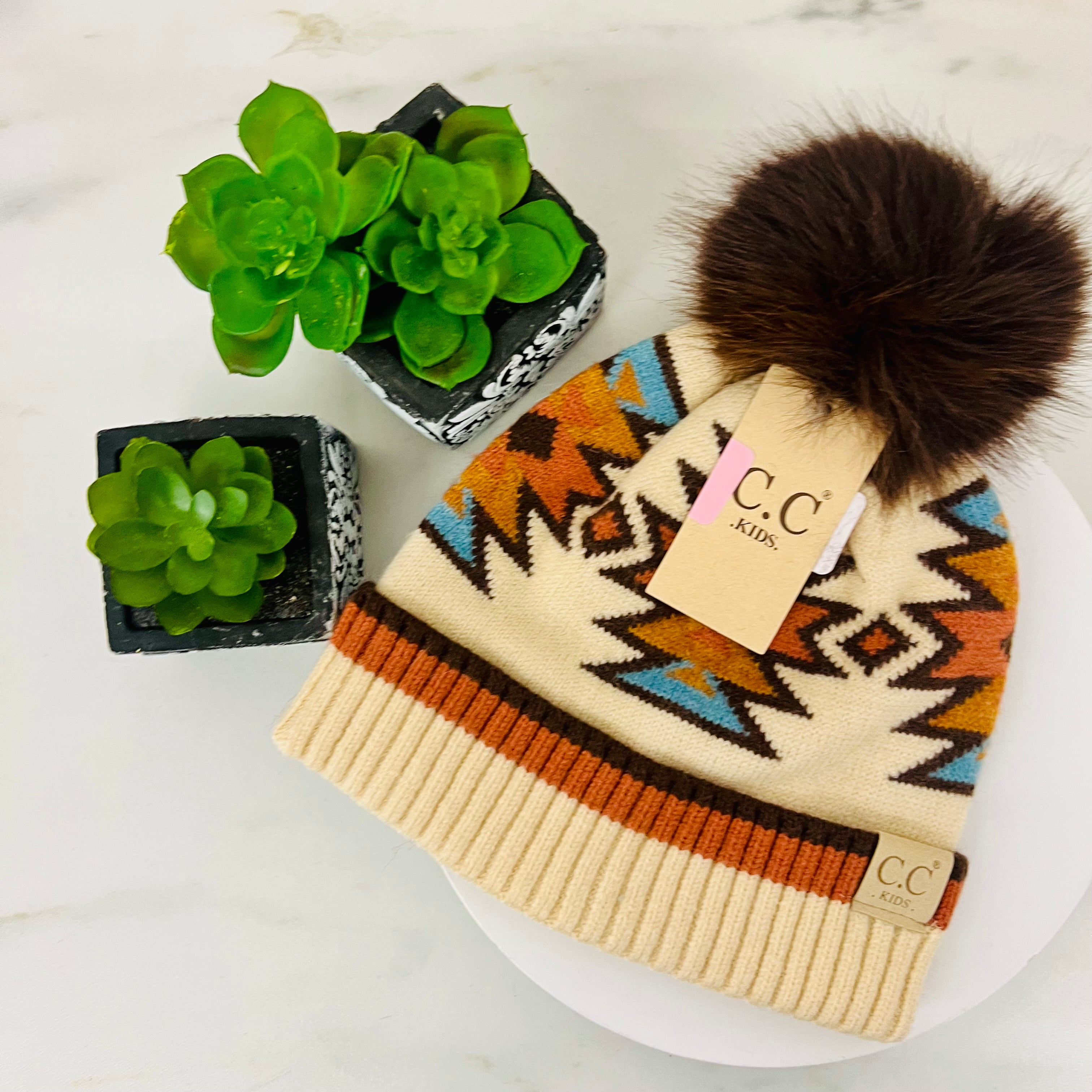Kids' Southwestern C.C Beanie with Faux Fur Pom