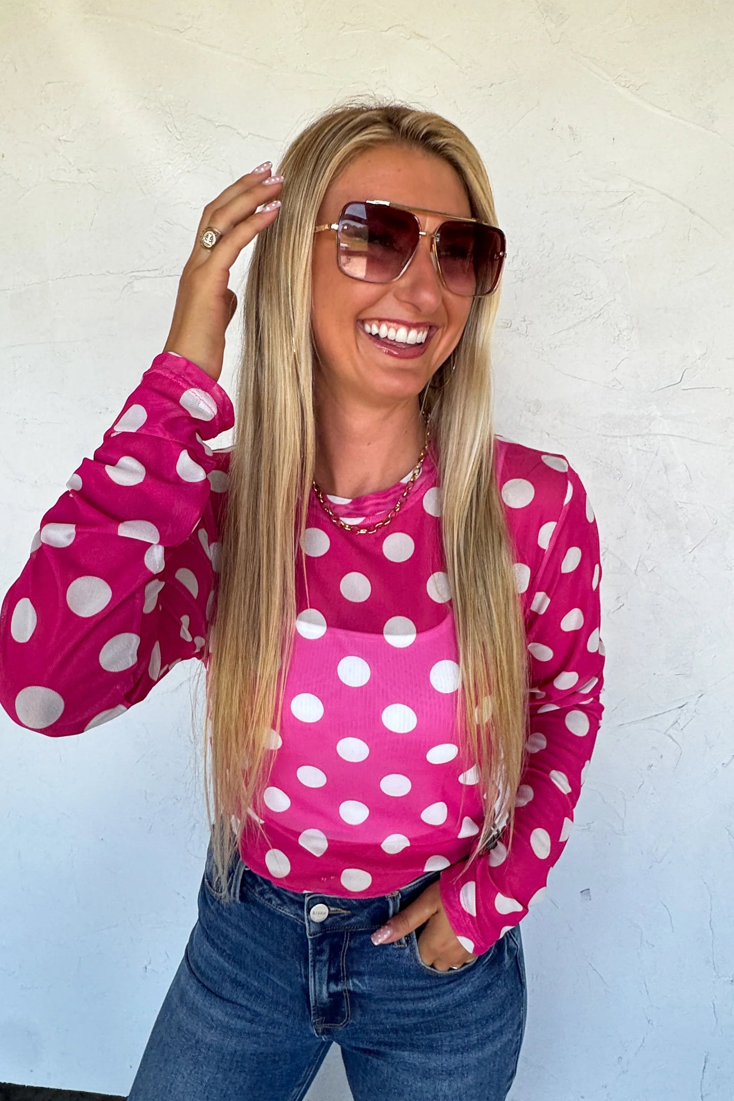 Pink/White Polka Dot Mesh Top