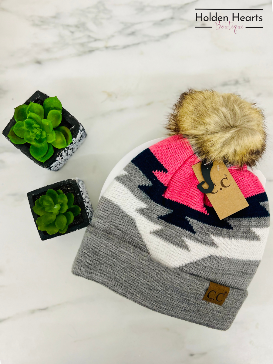 Aztec Natural Faux Fur Pom C.C Beanie YJ1000 - Holden Hearts
