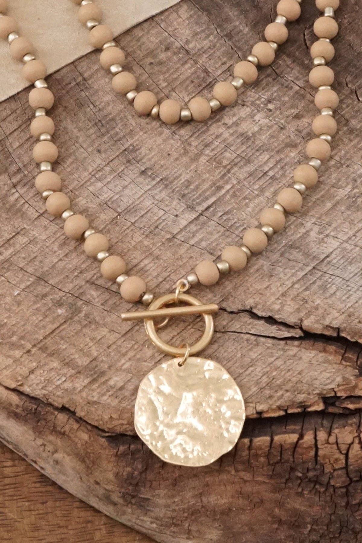Multi Strand Wooden Beads Short Coin Necklace in Neutral and - Holden Hearts