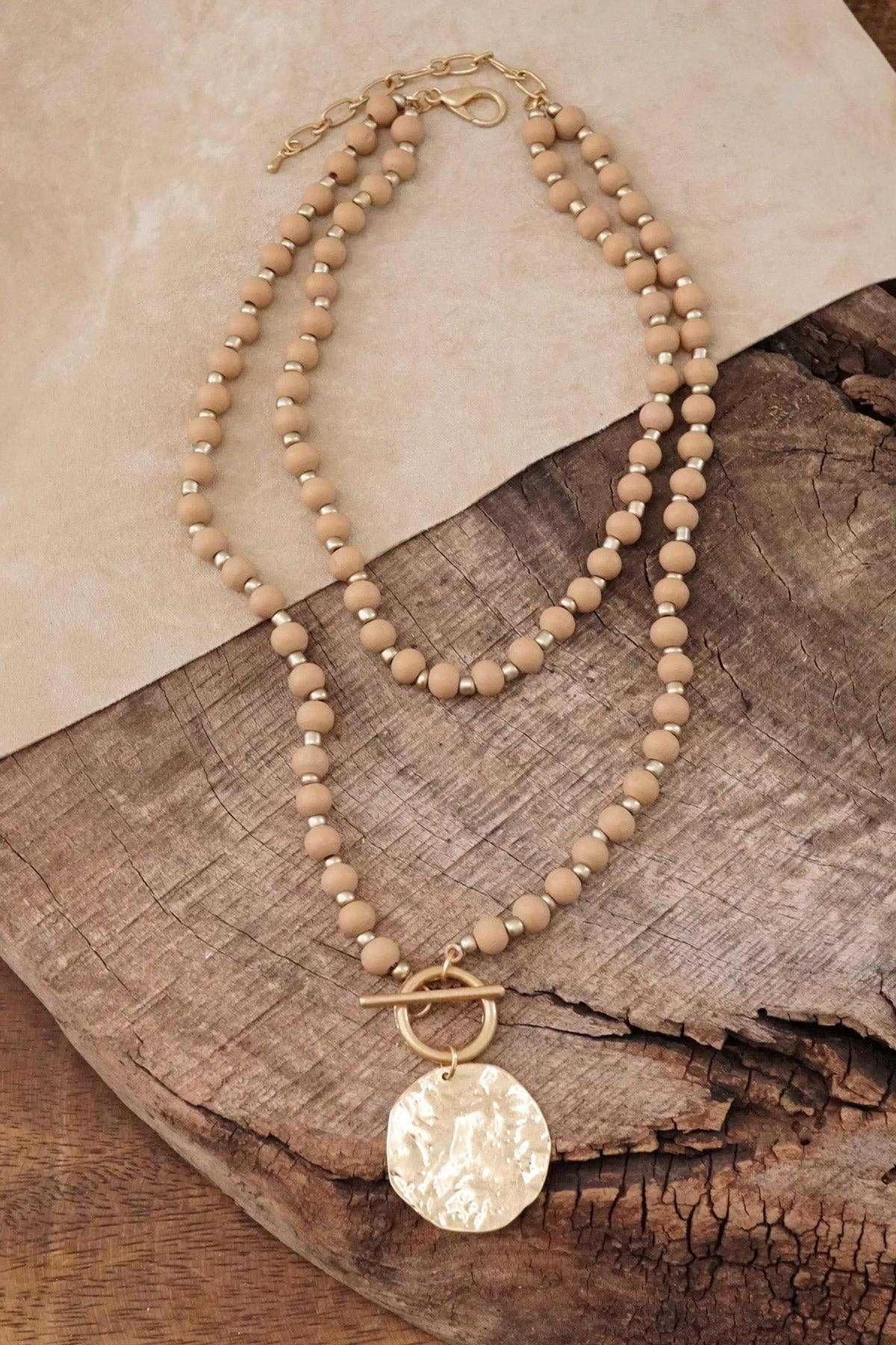 Multi Strand Wooden Beads Short Coin Necklace in Neutral and - Holden Hearts