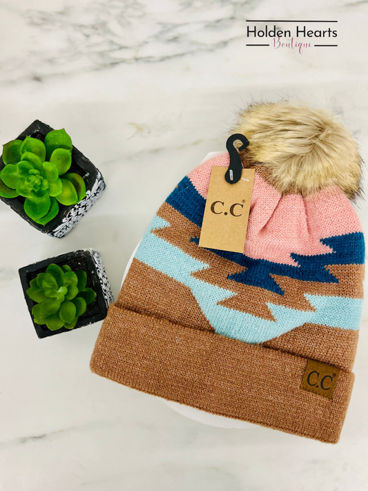 Aztec Natural Faux Fur Pom C.C Beanie YJ1000 - Holden Hearts