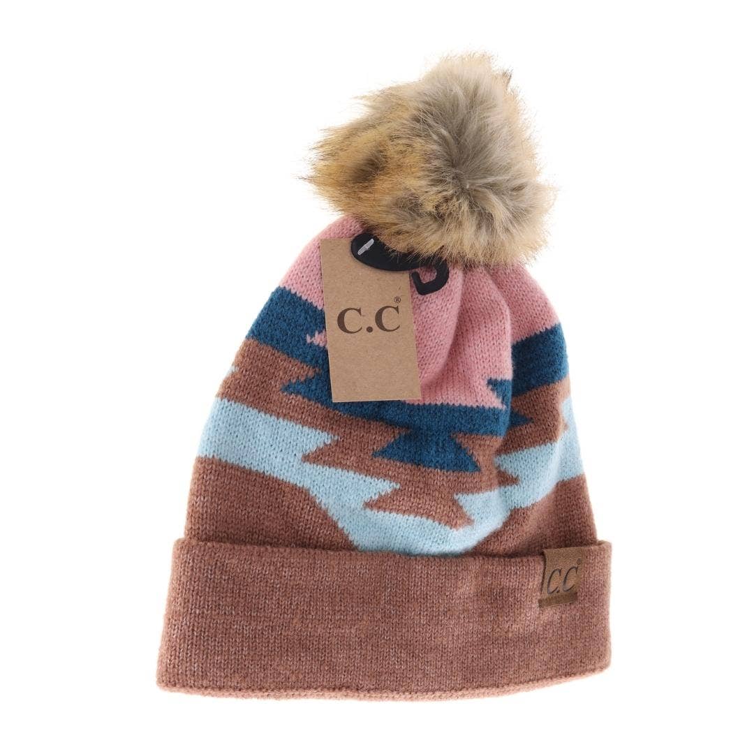 Aztec Natural Faux Fur Pom C.C Beanie YJ1000 - Holden Hearts