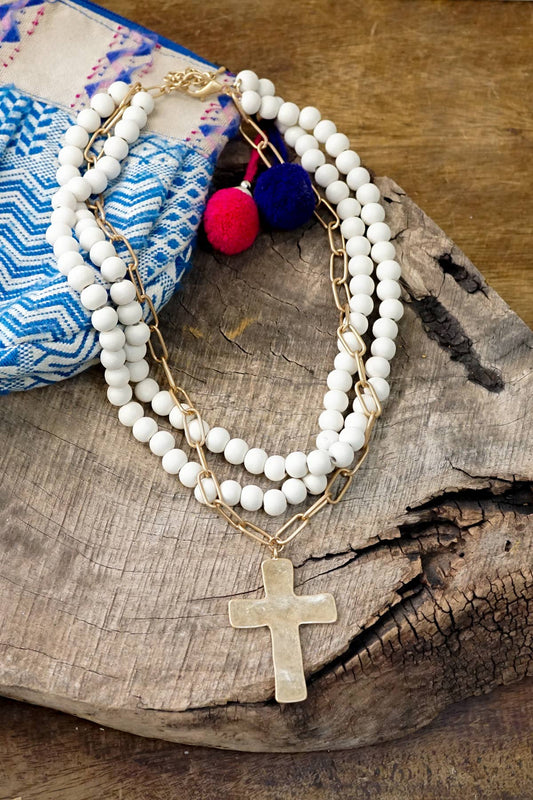 Multi Strand Wood Beads Short Statement Cross Necklace Cream - Holden Hearts