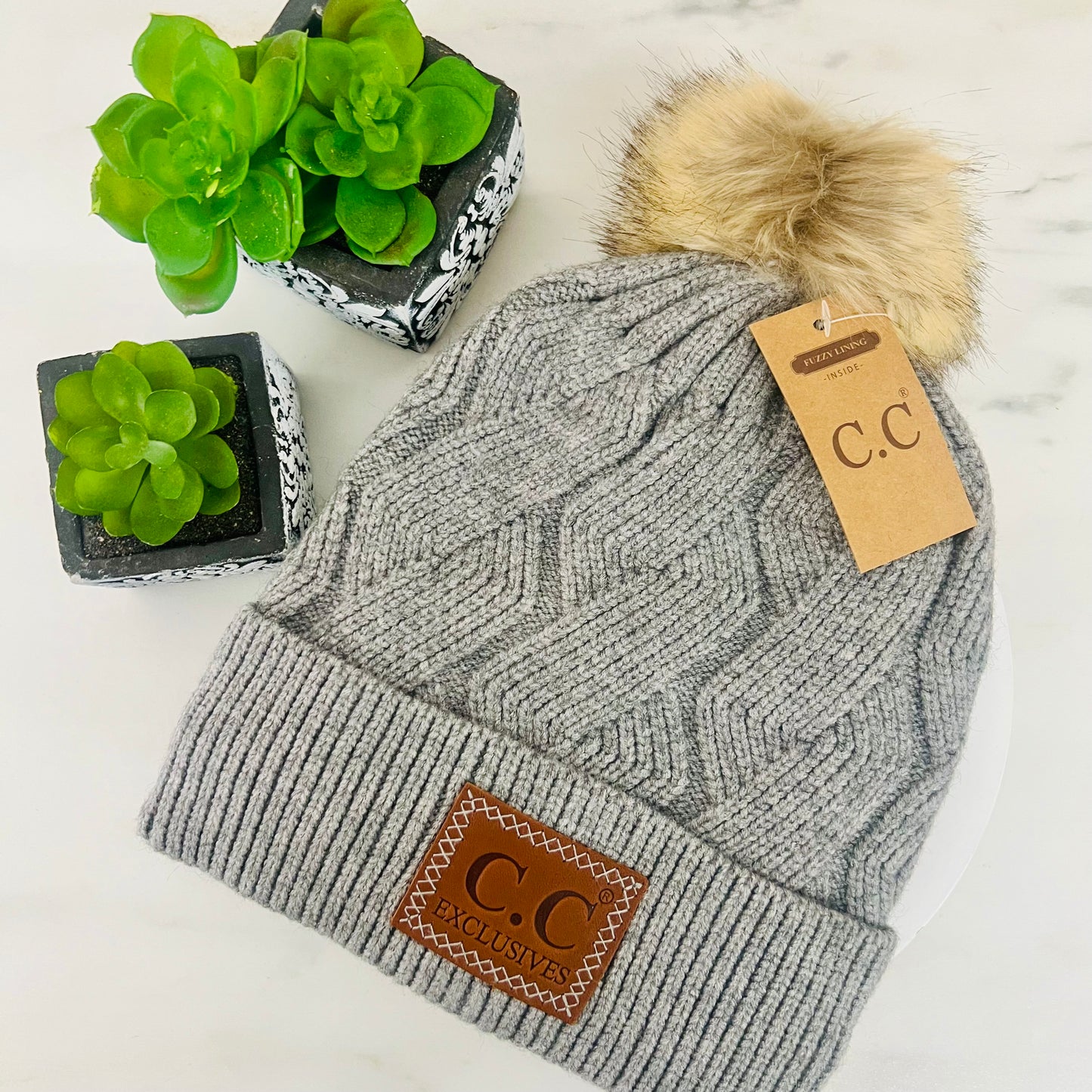 Geometric Knit Faux Fur Pom Beanie HAT2298