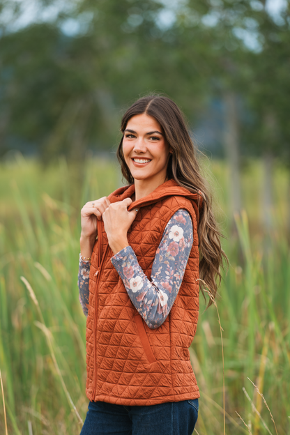 IN STOCK Heather Geometric Hooded Vest - Rust