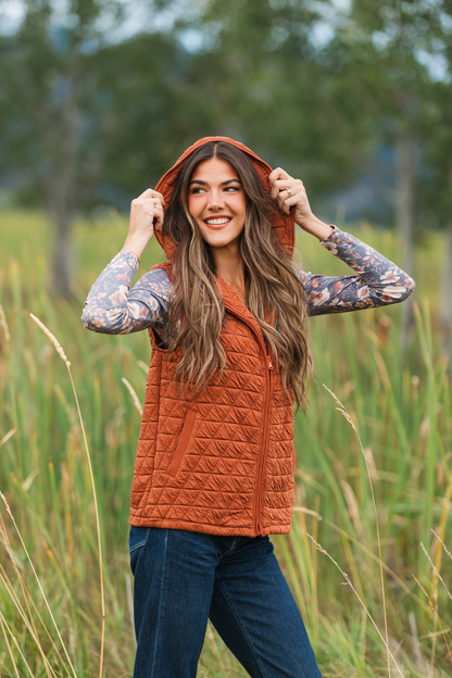 IN STOCK Heather Geometric Hooded Vest - Rust