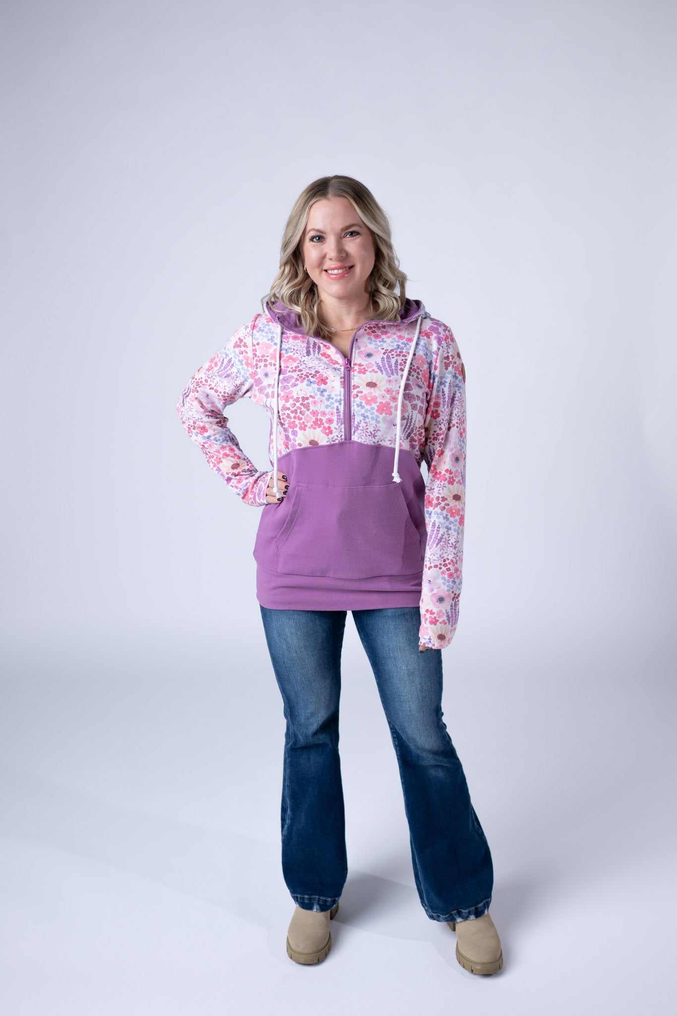 IN STOCK Halfzip Hoodie - Coral Sunset Floral and Mauve FINAL SALE