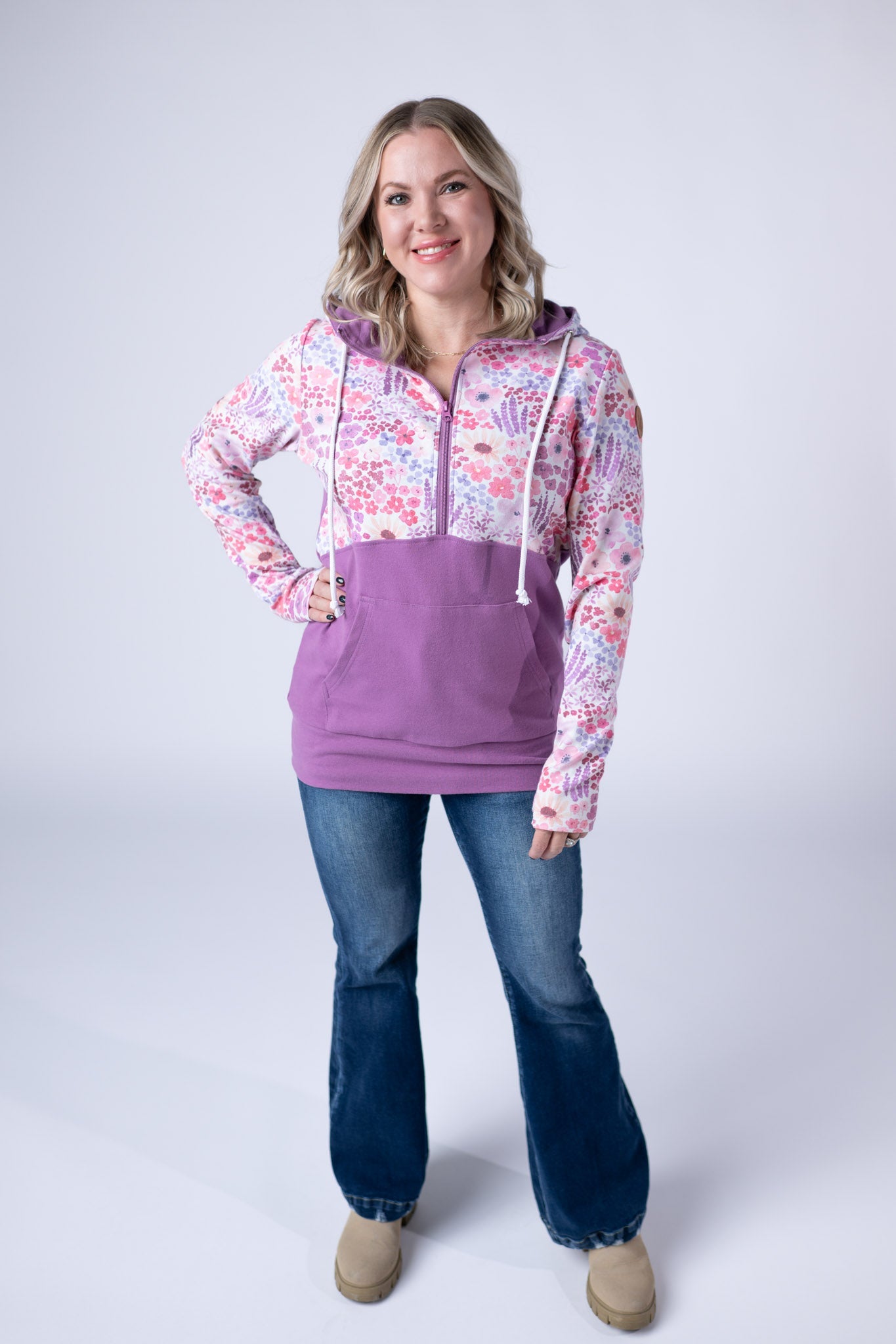 IN STOCK Halfzip Hoodie - Coral Sunset Floral and Mauve FINAL SALE