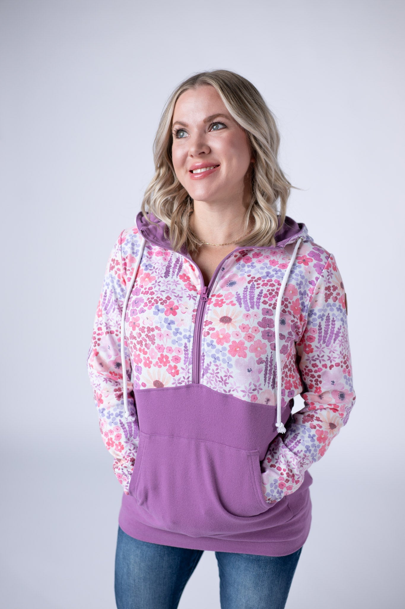 IN STOCK Halfzip Hoodie - Coral Sunset Floral and Mauve FINAL SALE