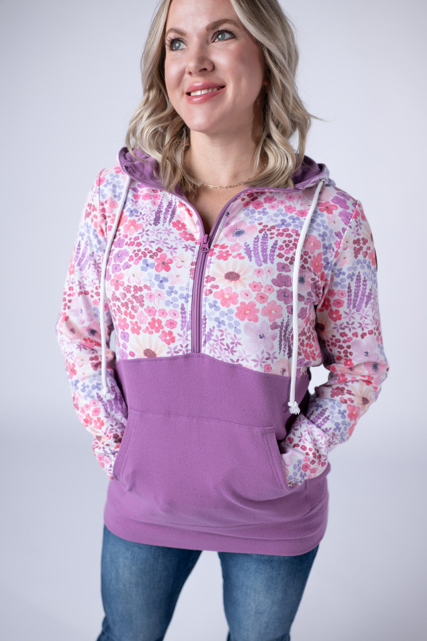 IN STOCK Halfzip Hoodie - Coral Sunset Floral and Mauve FINAL SALE