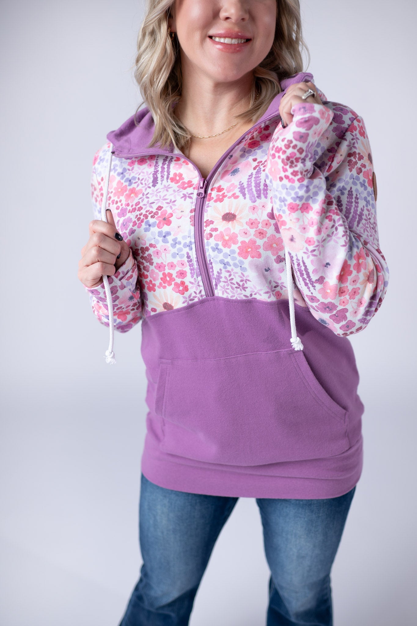 IN STOCK Halfzip Hoodie - Coral Sunset Floral and Mauve FINAL SALE