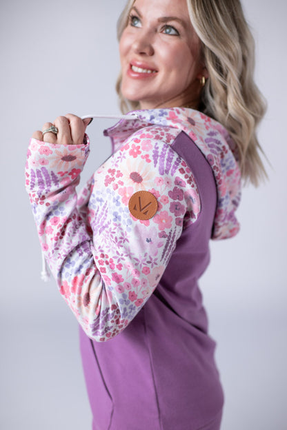 IN STOCK Halfzip Hoodie - Coral Sunset Floral and Mauve FINAL SALE