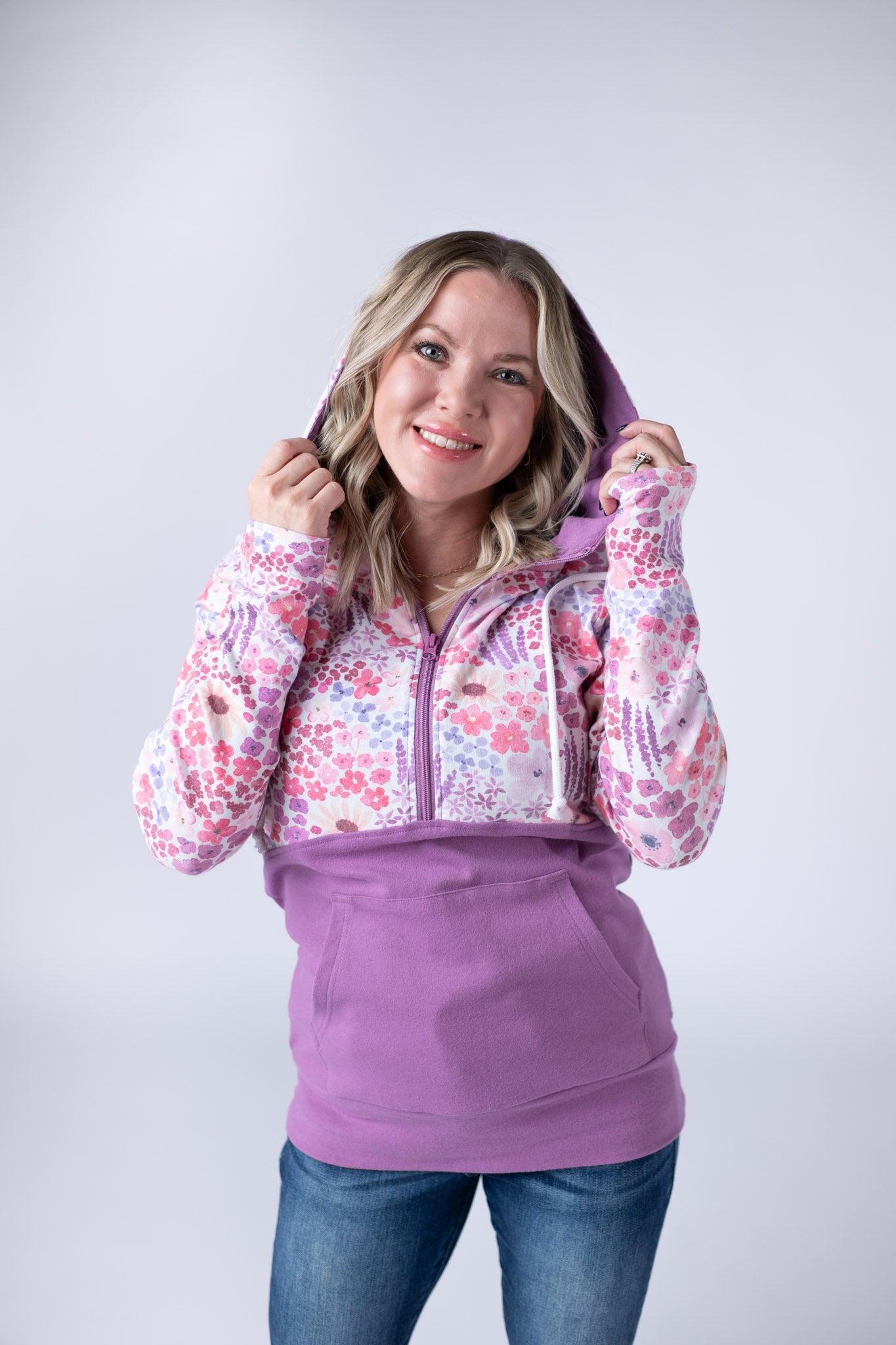 IN STOCK Halfzip Hoodie - Coral Sunset Floral and Mauve FINAL SALE