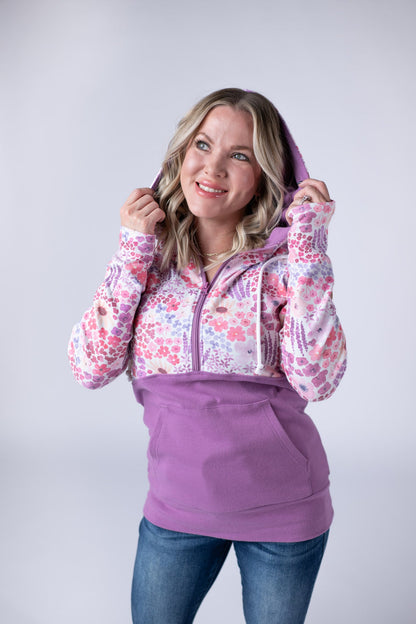 IN STOCK Halfzip Hoodie - Coral Sunset Floral and Mauve FINAL SALE