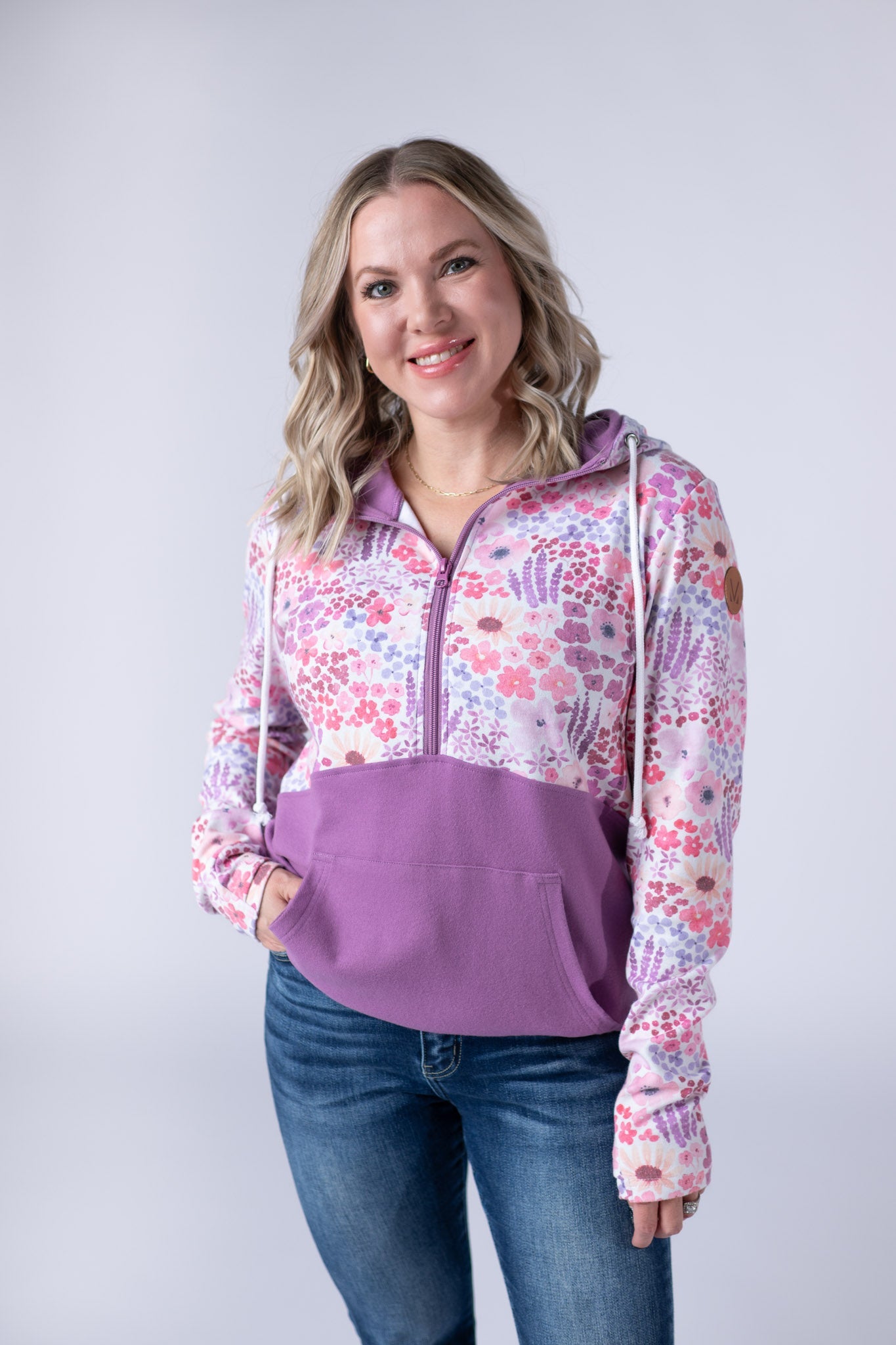 IN STOCK Halfzip Hoodie - Coral Sunset Floral and Mauve FINAL SALE