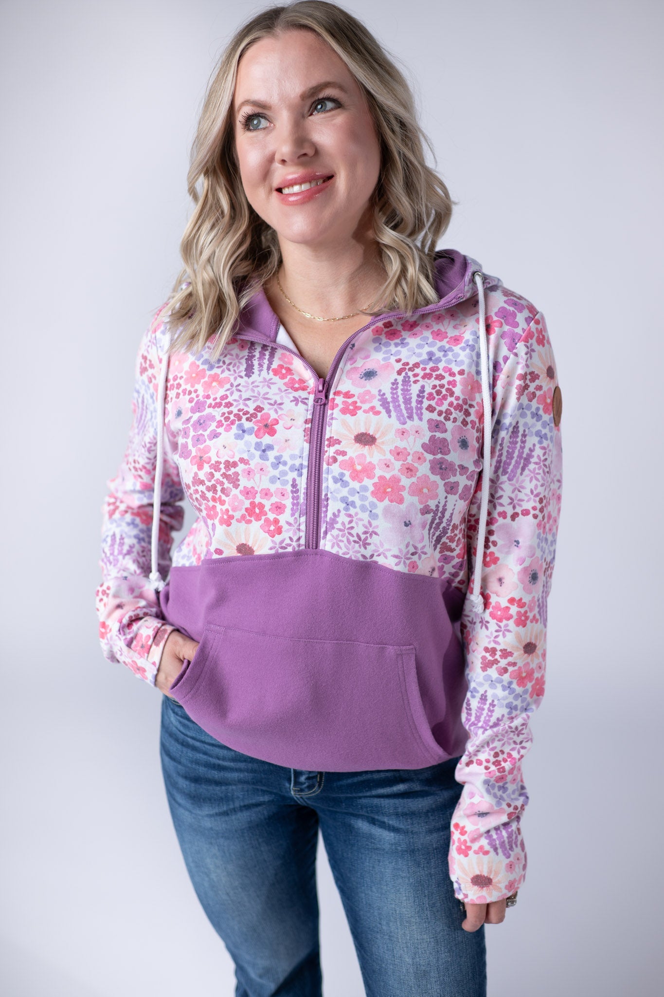 IN STOCK Halfzip Hoodie - Coral Sunset Floral and Mauve FINAL SALE