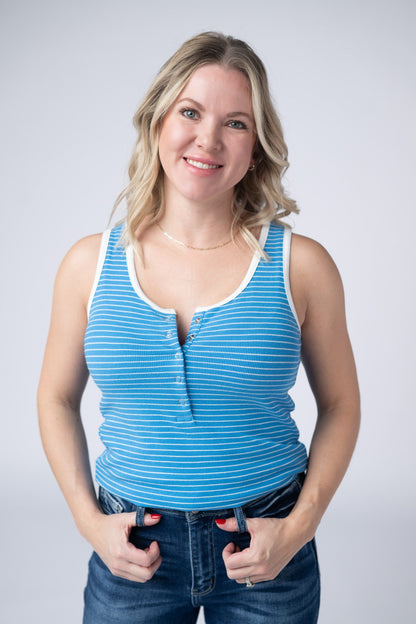 IN STOCK Shiloh Button Snap Tank - Ocean Blue