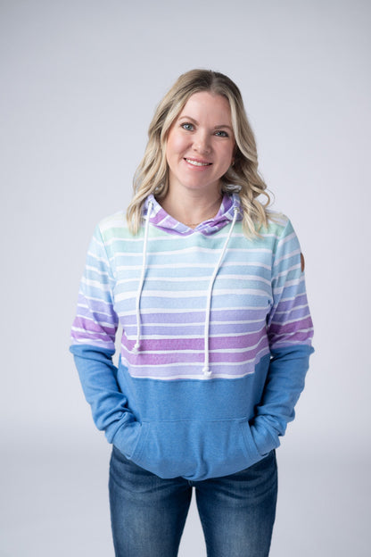 IN STOCK Hailey Pullover Hoodie - Rainbow Stripes and Blue