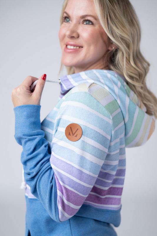 Hailey Pullover Hoodie - Rainbow Stripes and Blue