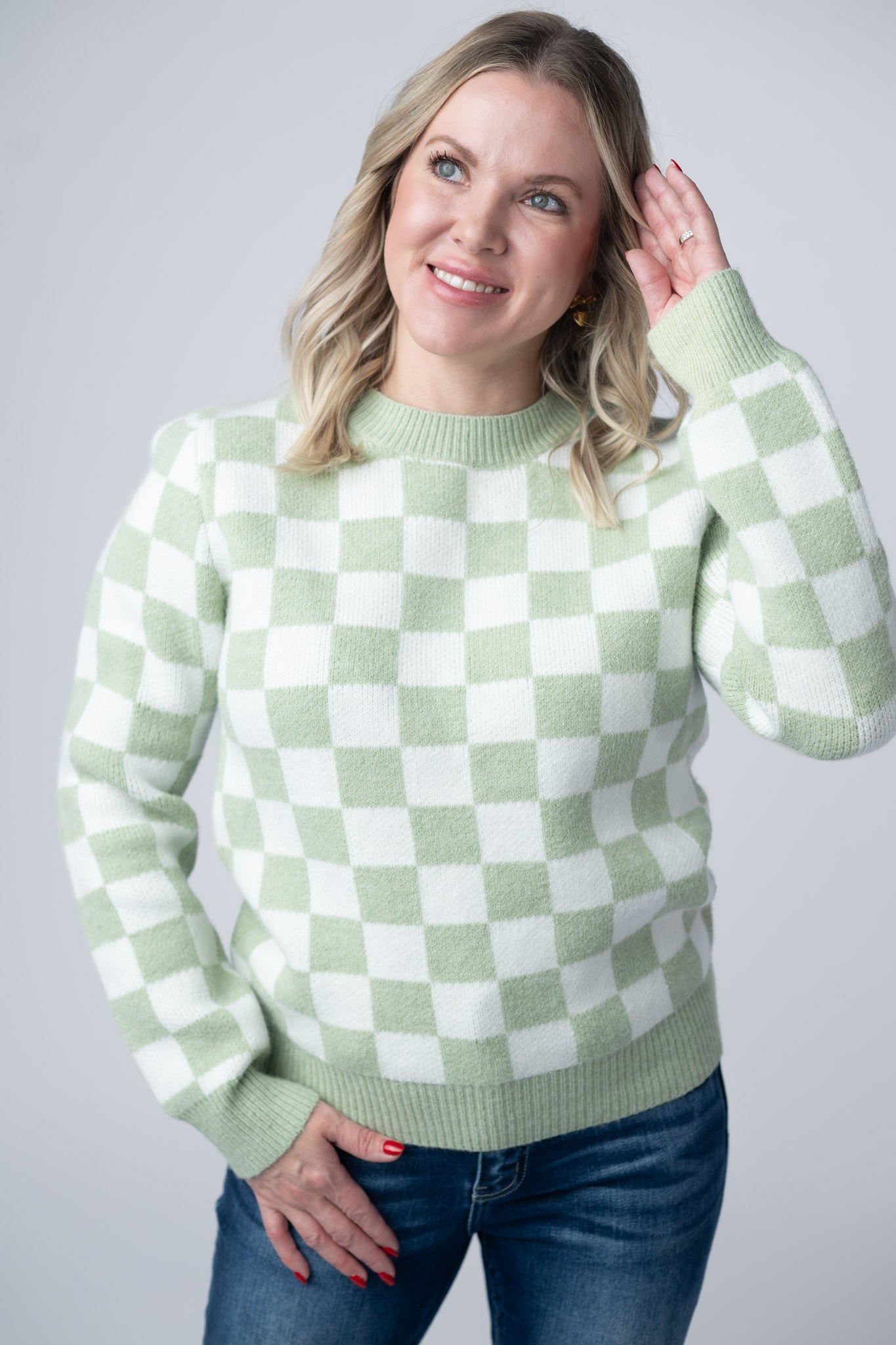 IN STOCK Checkered Sweater - Sage and White