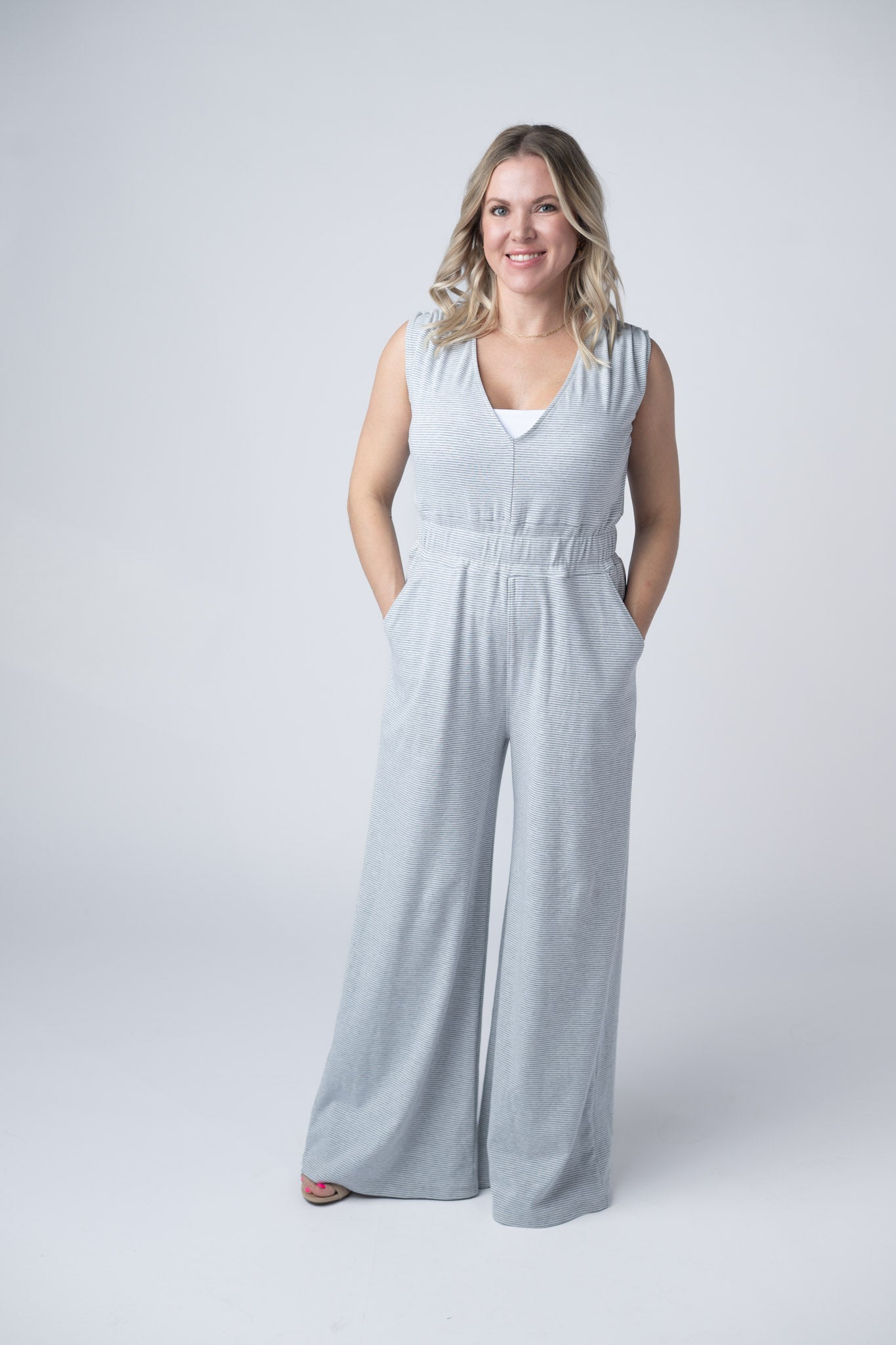 IN STOCK Kenzie Striped Jumpsuit - Grey FINAL SALE
