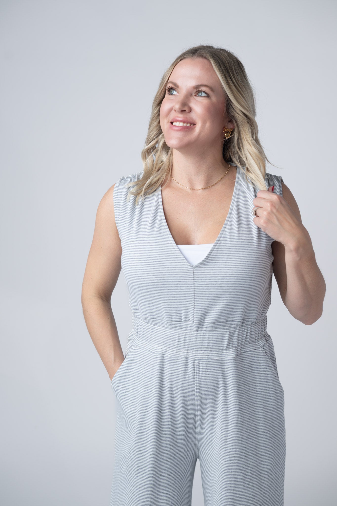 IN STOCK Kenzie Striped Jumpsuit - Grey FINAL SALE