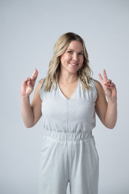 IN STOCK Kenzie Striped Jumpsuit - Grey FINAL SALE