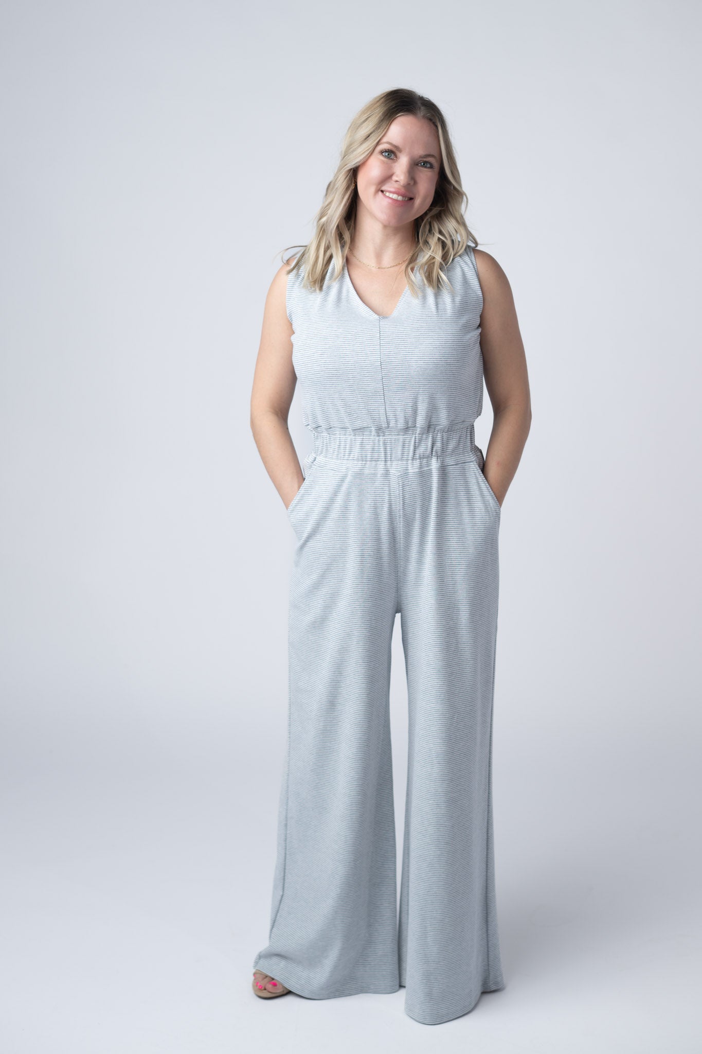 IN STOCK Kenzie Striped Jumpsuit - Grey FINAL SALE