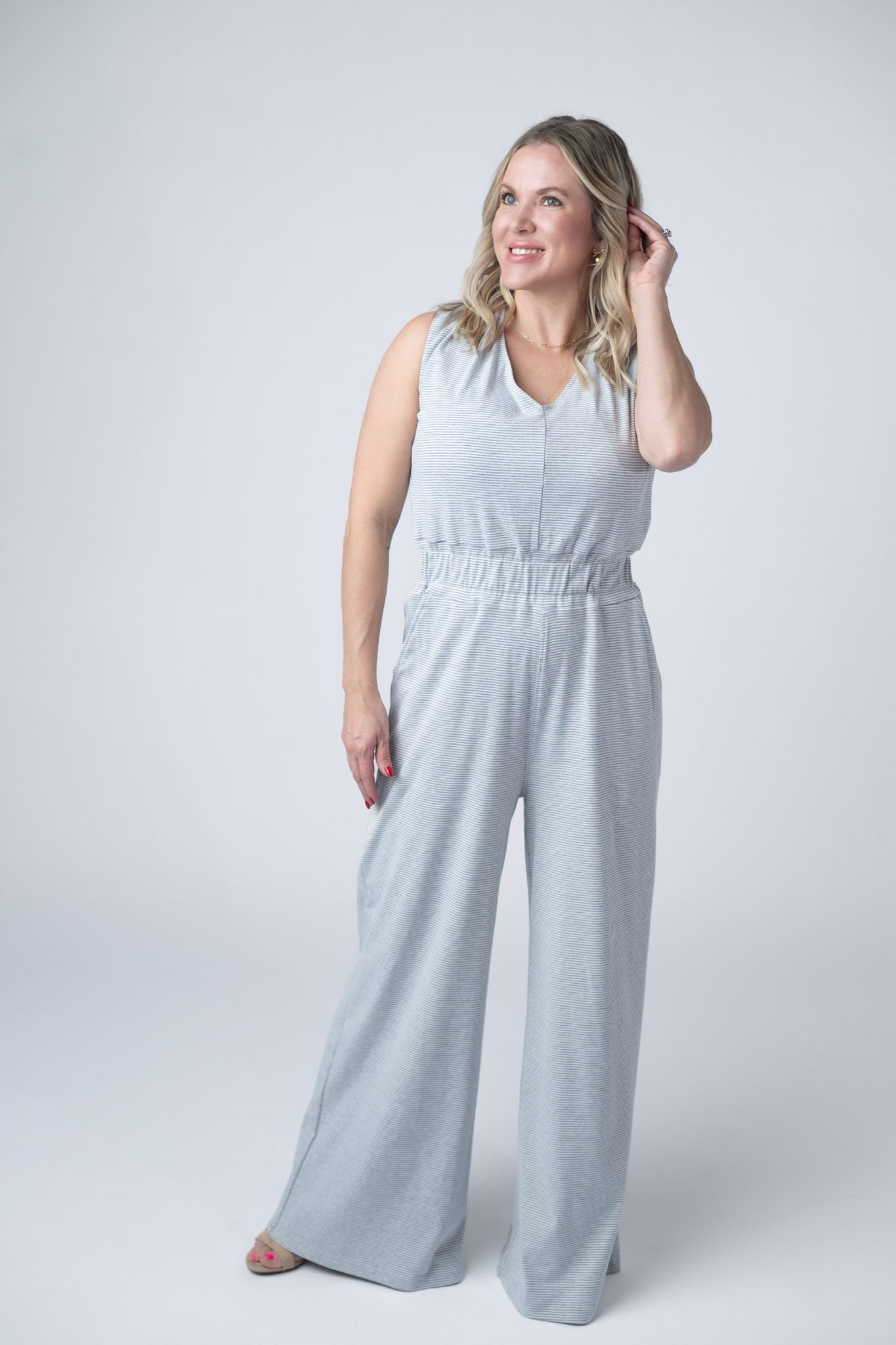 IN STOCK Kenzie Striped Jumpsuit - Grey FINAL SALE