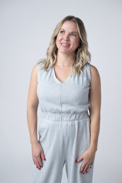 IN STOCK Kenzie Striped Jumpsuit - Grey FINAL SALE