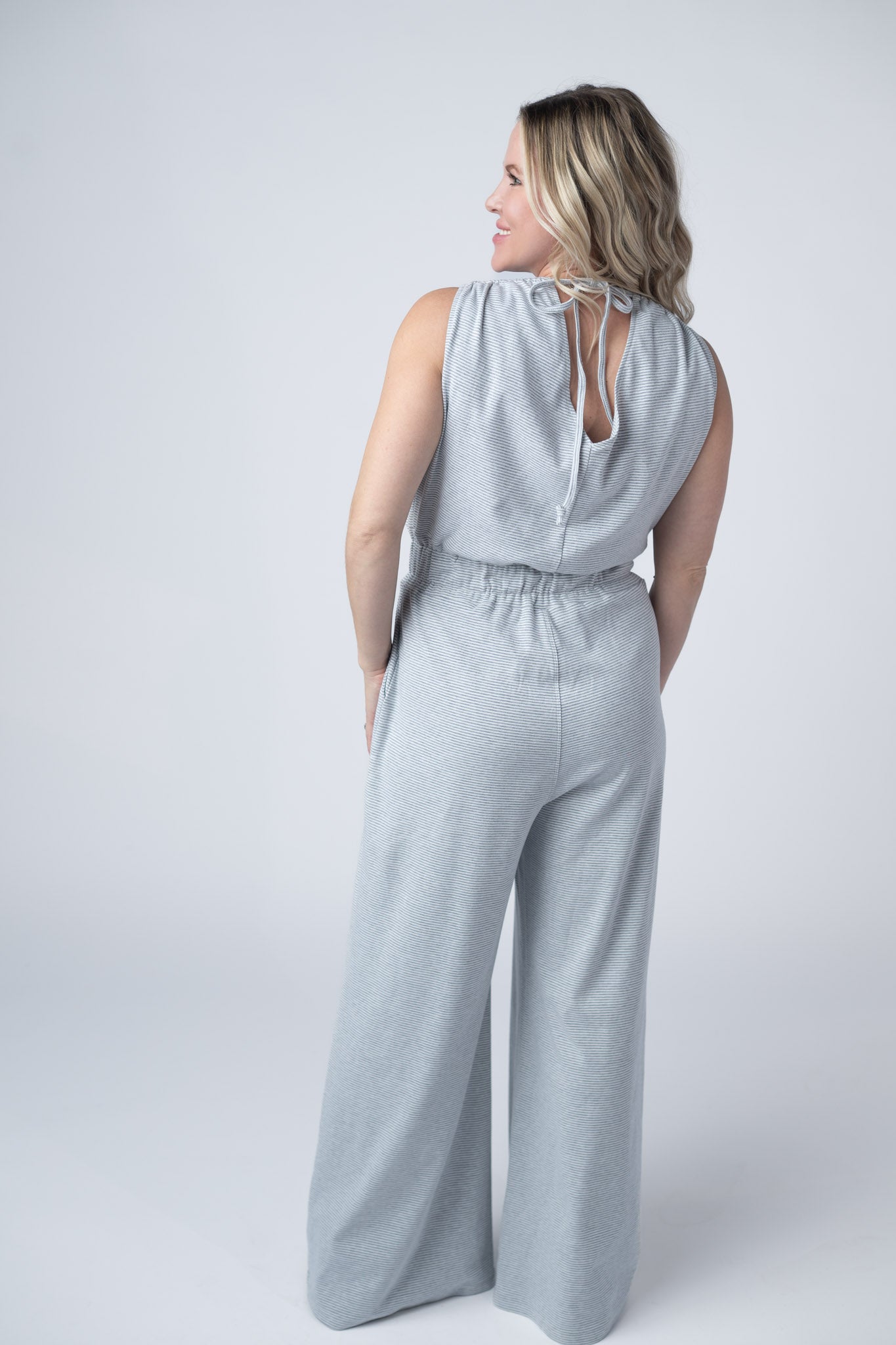 IN STOCK Kenzie Striped Jumpsuit - Grey FINAL SALE