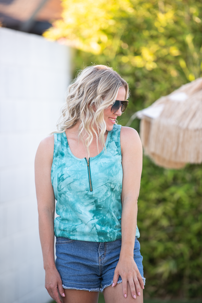 IN STOCK Mila Zipper Tank - Teal Tie Dye FINAL SALE
