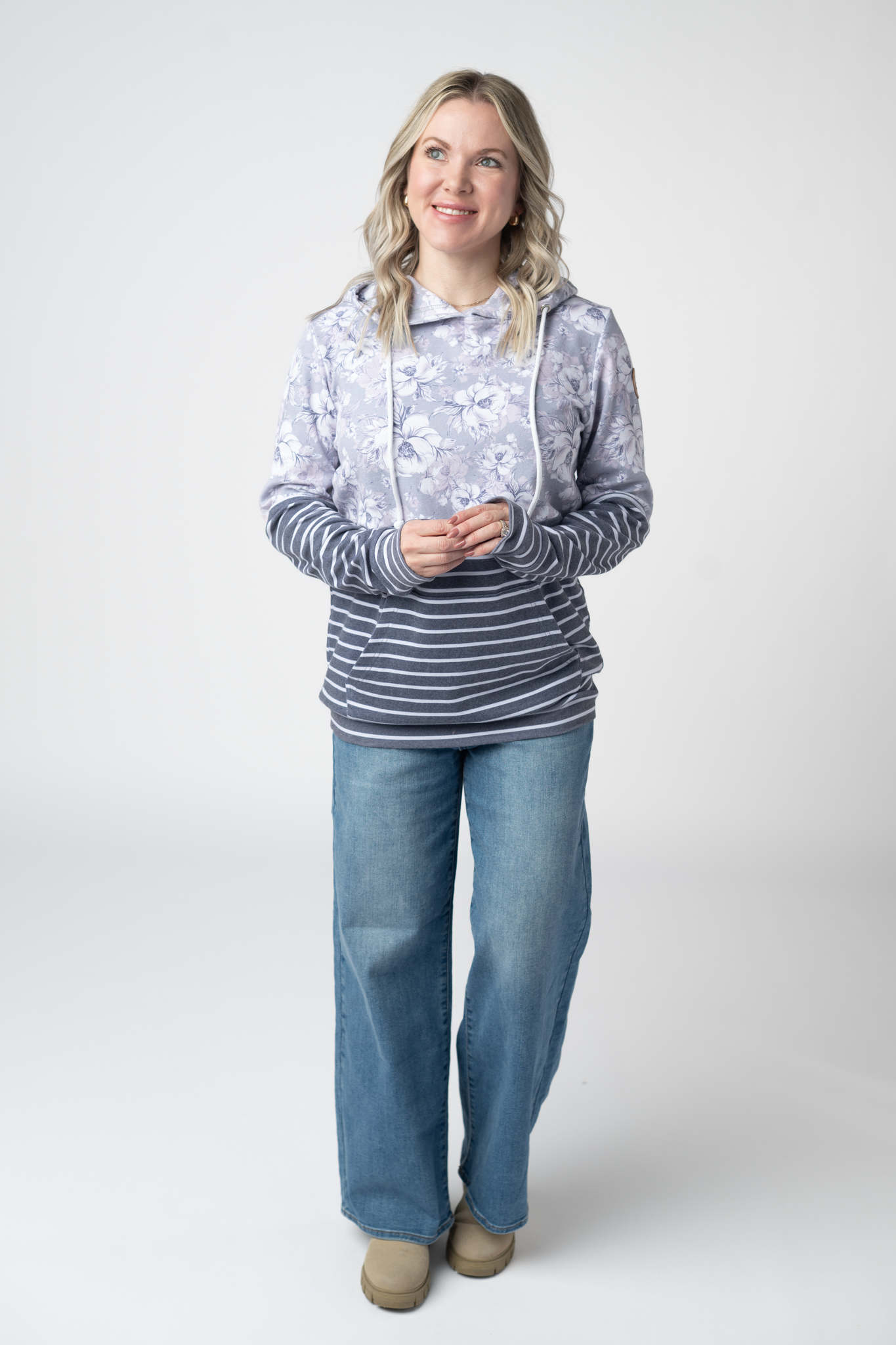 IN STOCK Hailey Pullover Hoodie - Vintage Grey Floral and Stripes FINAL SALE