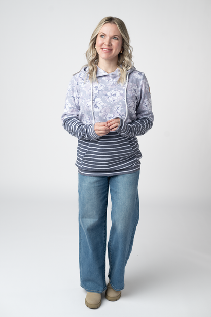 IN STOCK Hailey Pullover Hoodie - Vintage Grey Floral and Stripes FINAL SALE
