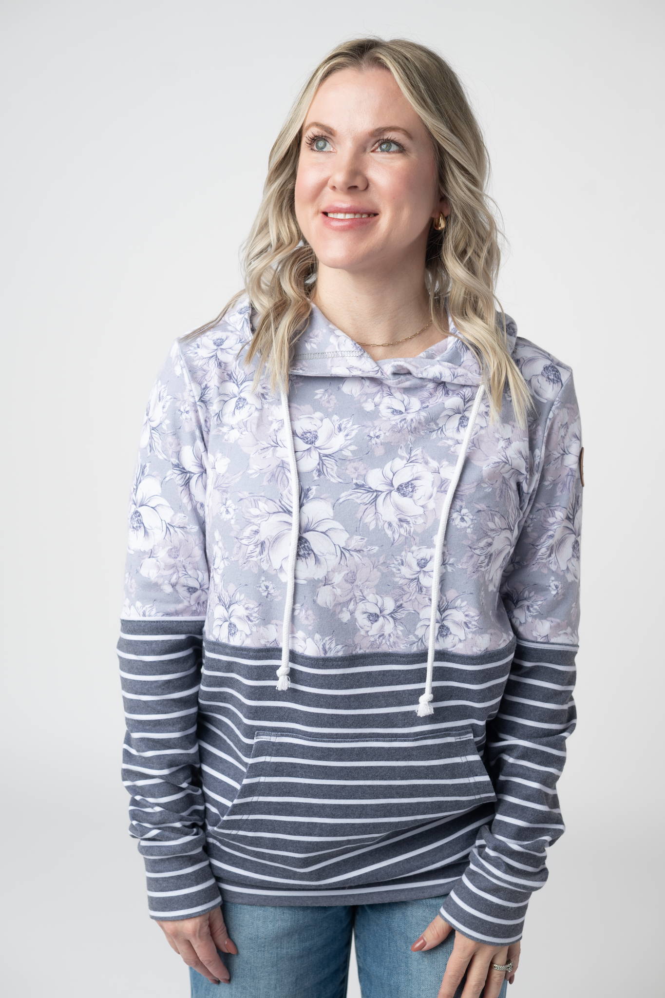 IN STOCK Hailey Pullover Hoodie - Vintage Grey Floral and Stripes FINAL SALE